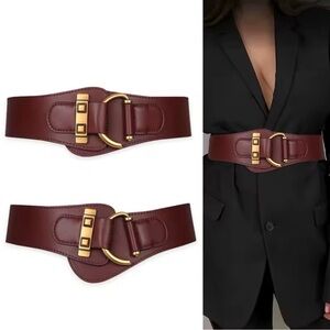 Elegant Brown Leather Elastic Wide Belt with Gold Buckle